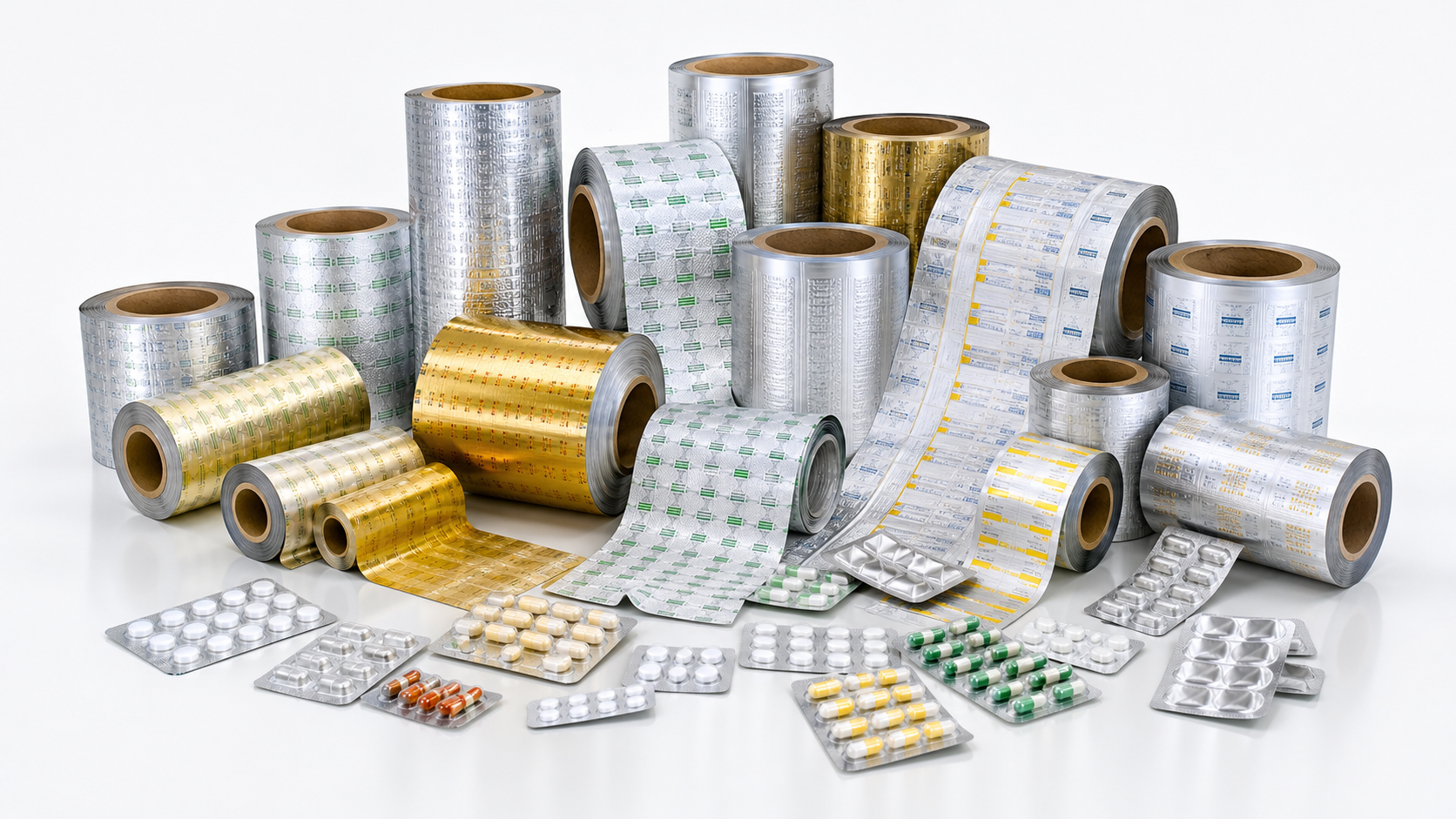 Printed blister foil rolls tablet blister packs capsule packs and medicine cartons